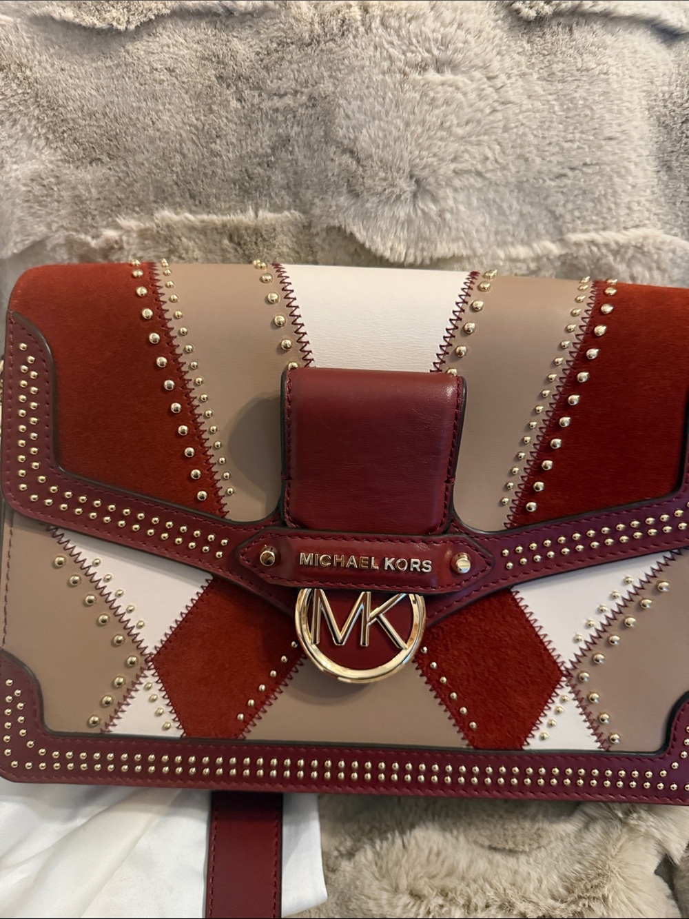 Michael Kors Burgundy, Beige and White Patchwork Crossbody Bag w/Dustbag - Picture 14 of 17